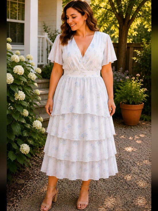 Dresses & Skirts - NWT Tiered White Floral Midi Dress with V-Neck And Zippered Back Sz 16 Plus